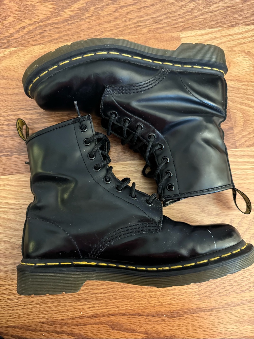 Dr. Martens Black Leather Lace-Up Boots with Yellow Stitching - Picture 3 of 5